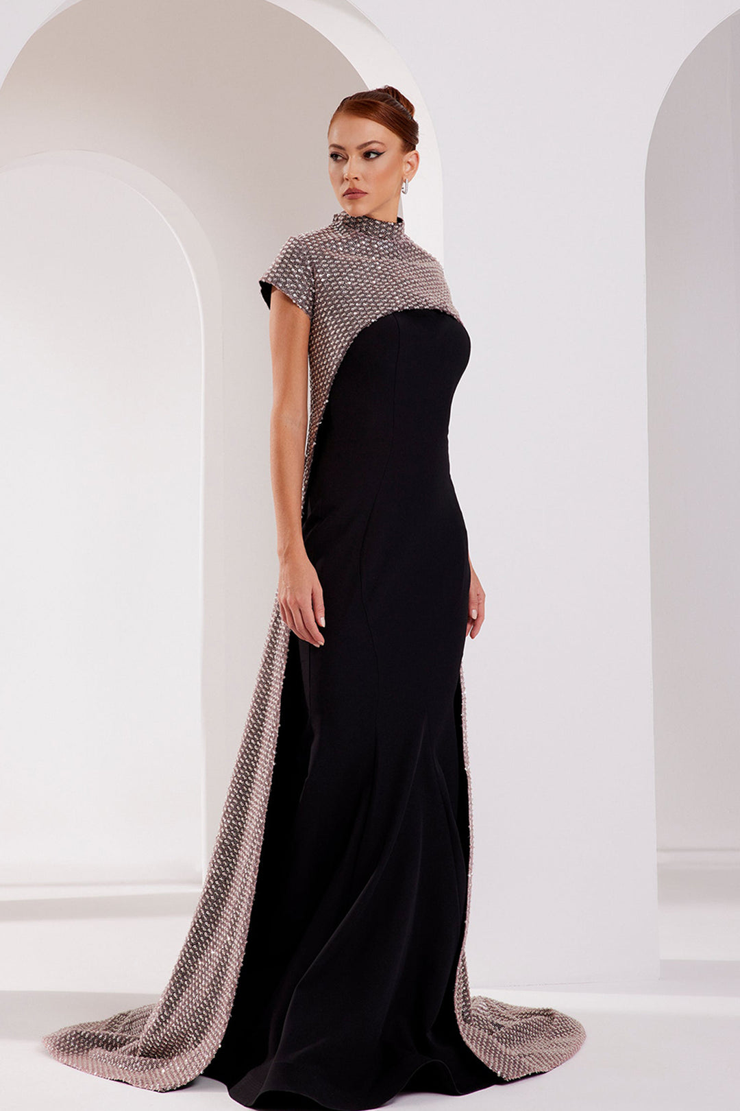 Beaded Cape Crepe Dress