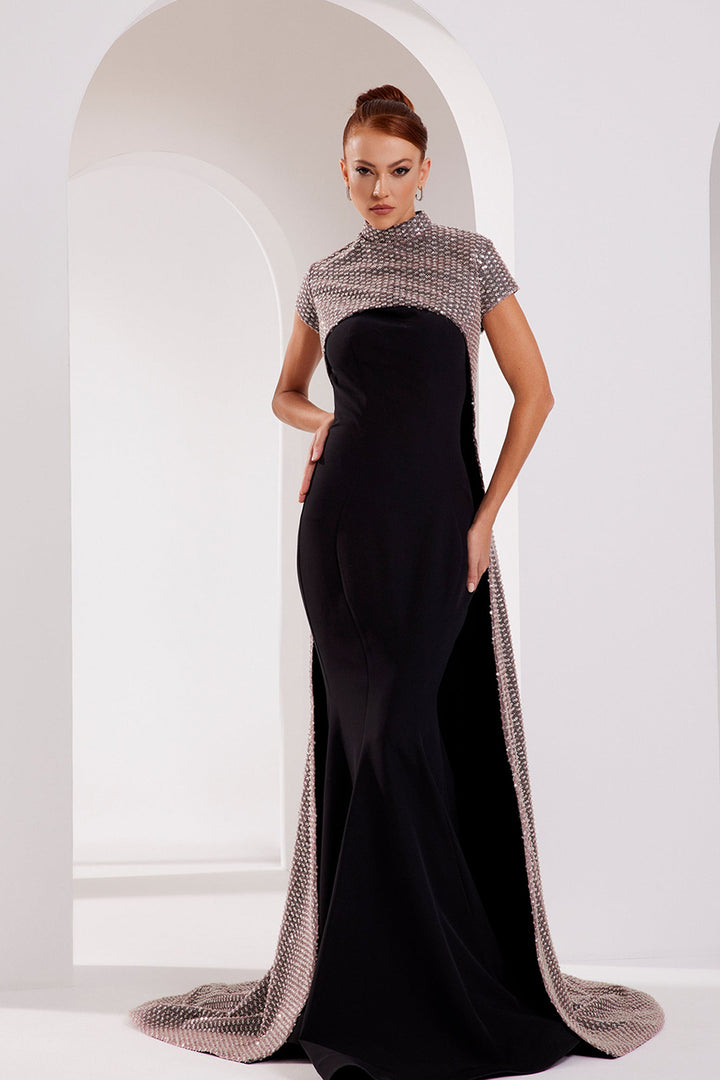 Beaded Cape Crepe Dress
