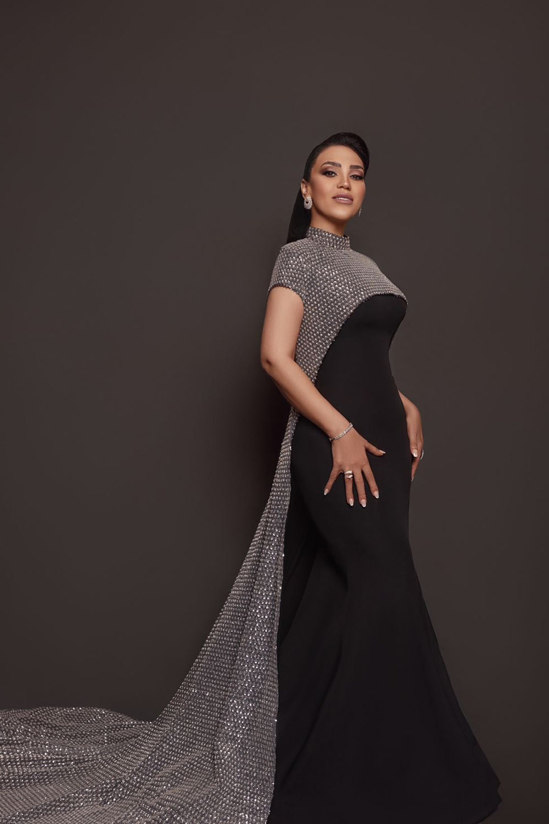 Beaded Cape Crepe Dress