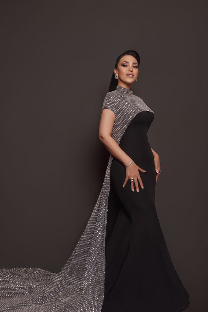 Beaded Cape Crepe Dress