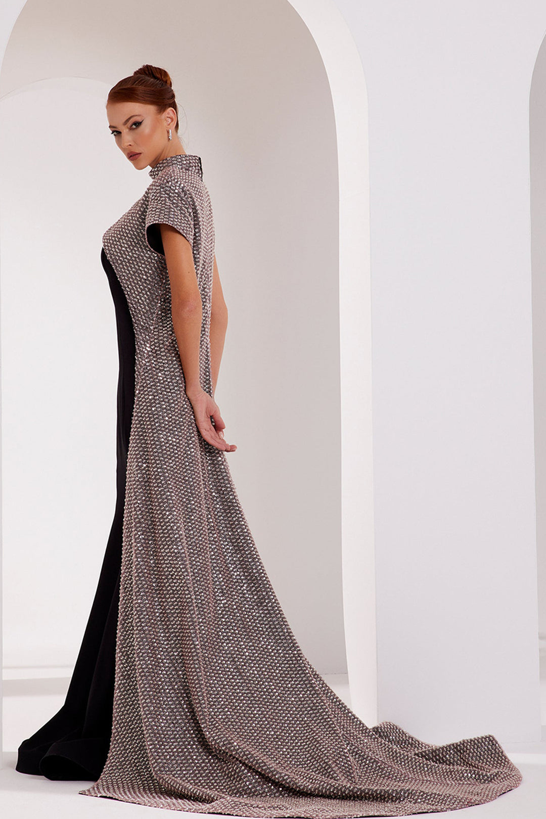 Beaded Cape Crepe Dress