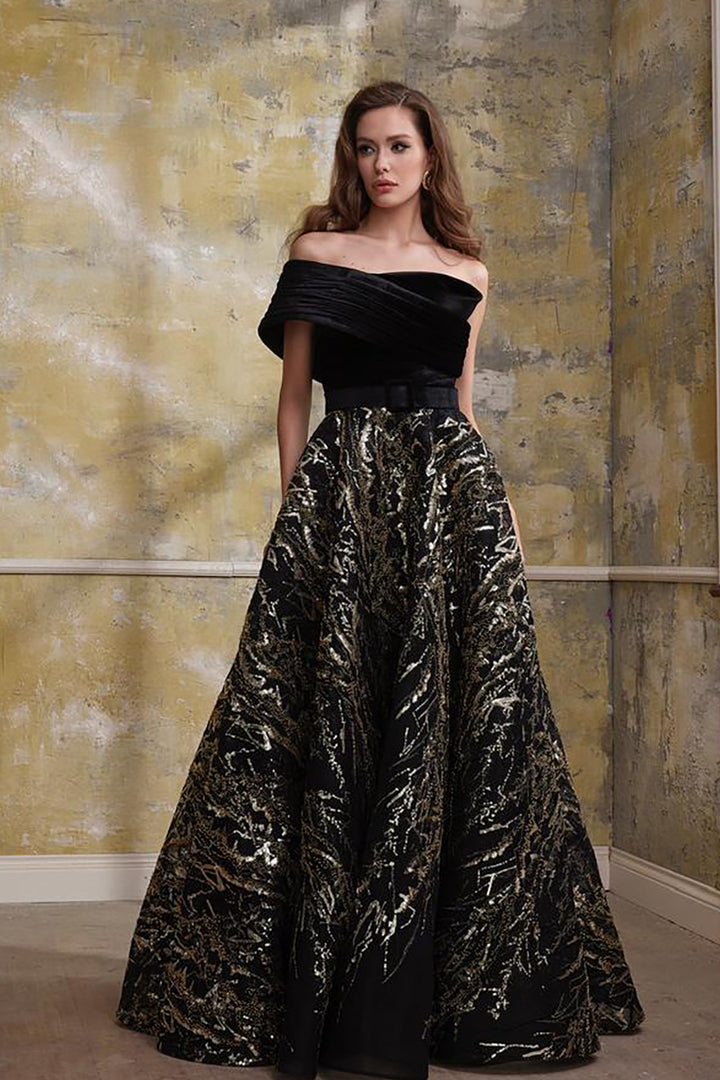 Velvet Embroidered Tulle Dress with Belt