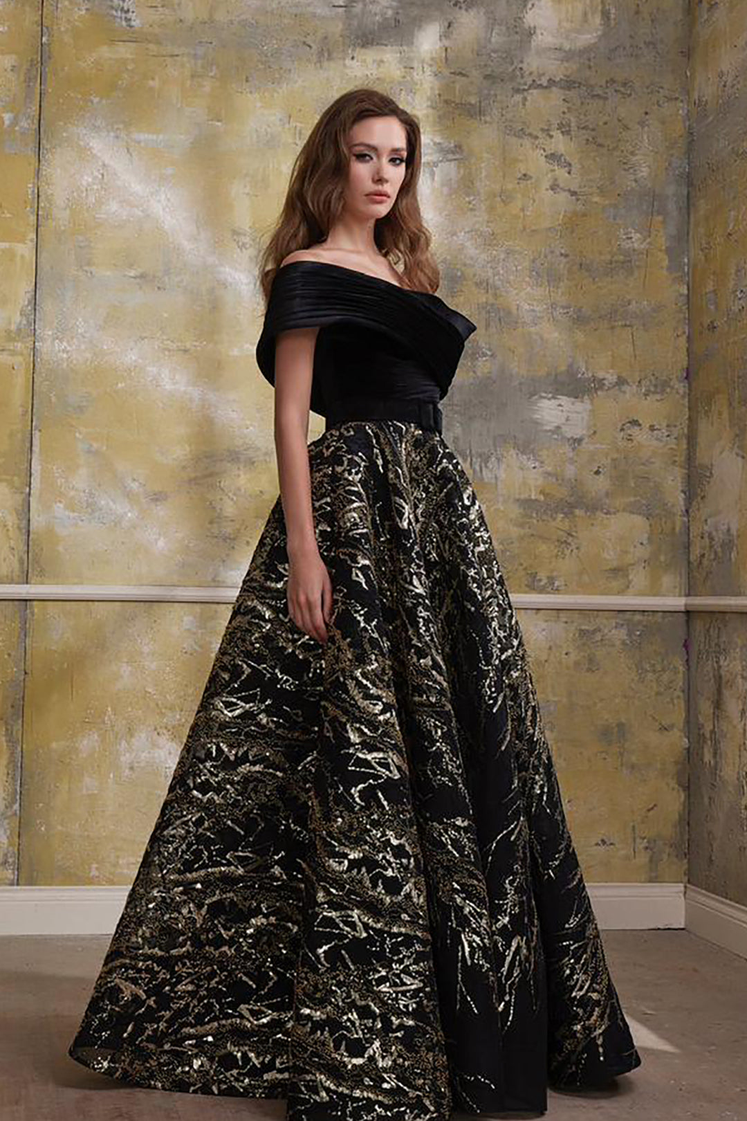 Velvet Embroidered Tulle Dress with Belt