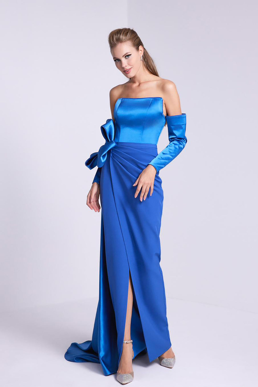 Crepe-Satin Strapless Dress Draped Bust