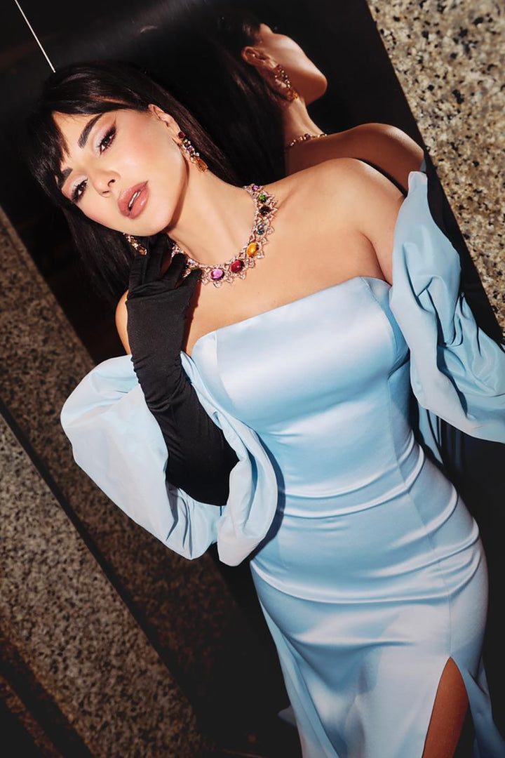 Crepe Long Dress with Satin Silk Details