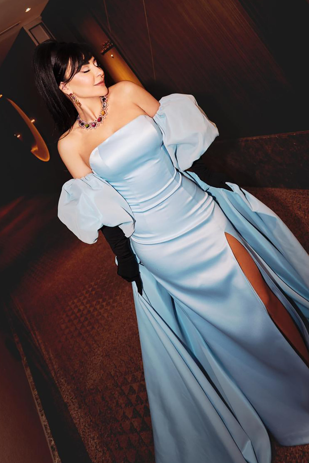 Crepe Long Dress with Satin Silk Details