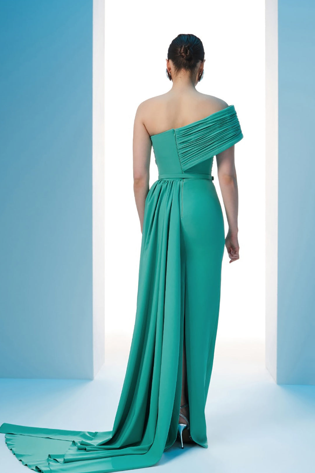 Crepe Dress Asymmetrical Bust With Draped Waist