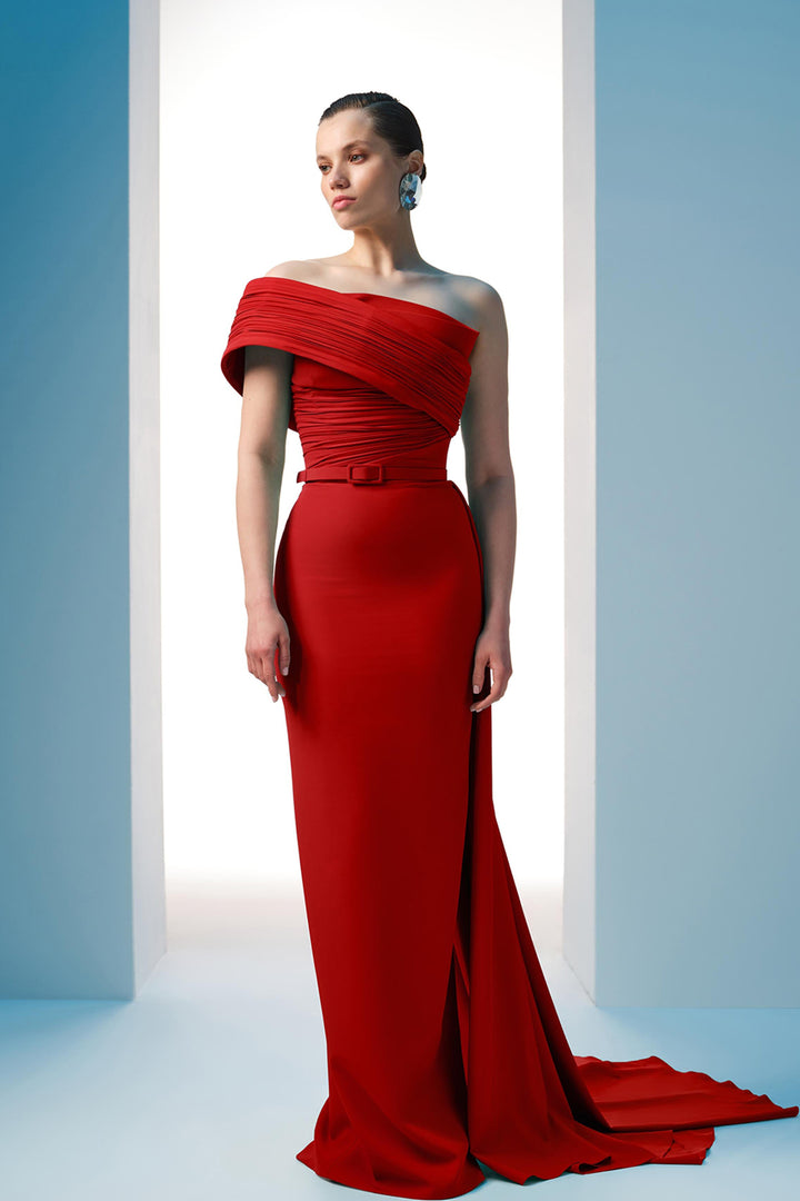 Crepe Dress Asymmetrical Bust With Draped Waist