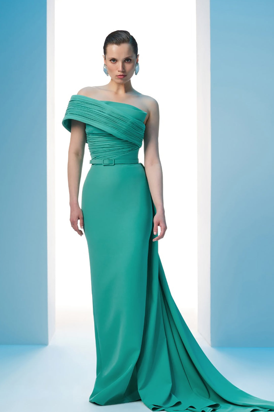 Crepe Dress Asymmetrical Bust With Draped Waist