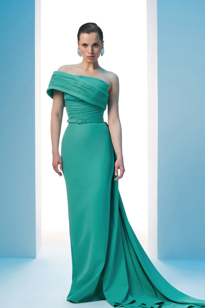 Crepe Dress Asymmetrical Bust With Draped Waist