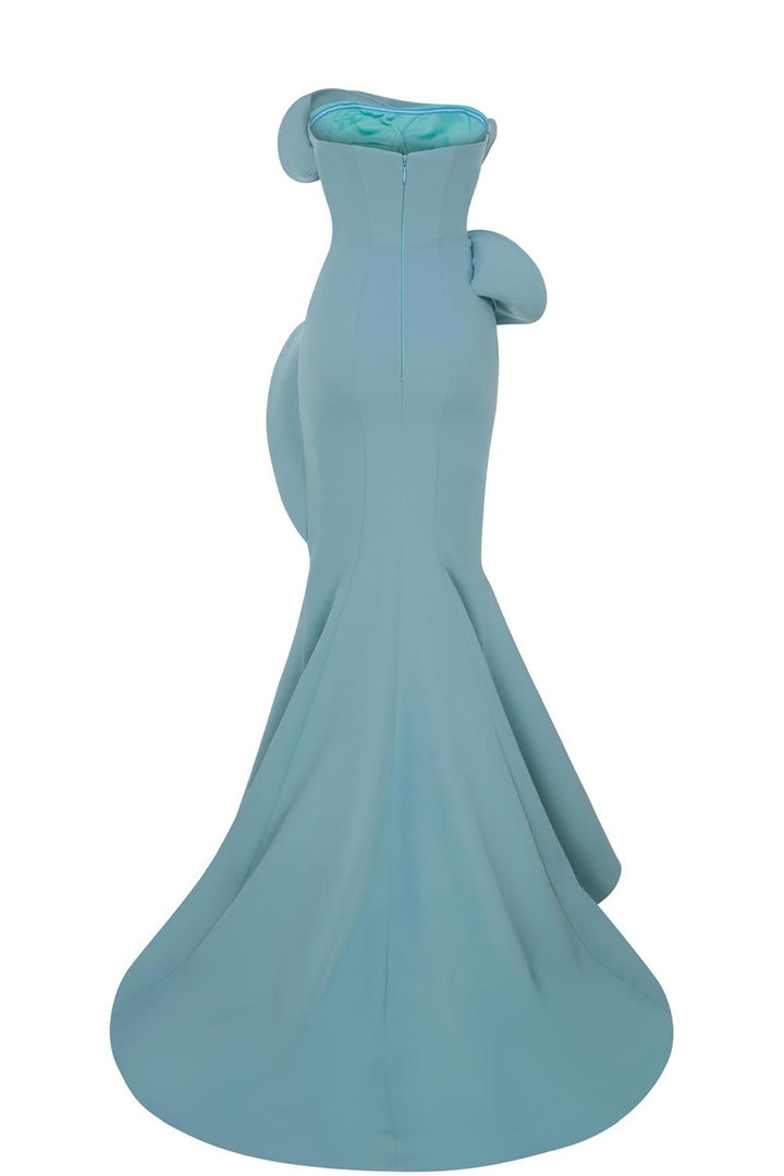 Strapless Satin Dress with Overskirt Peplum