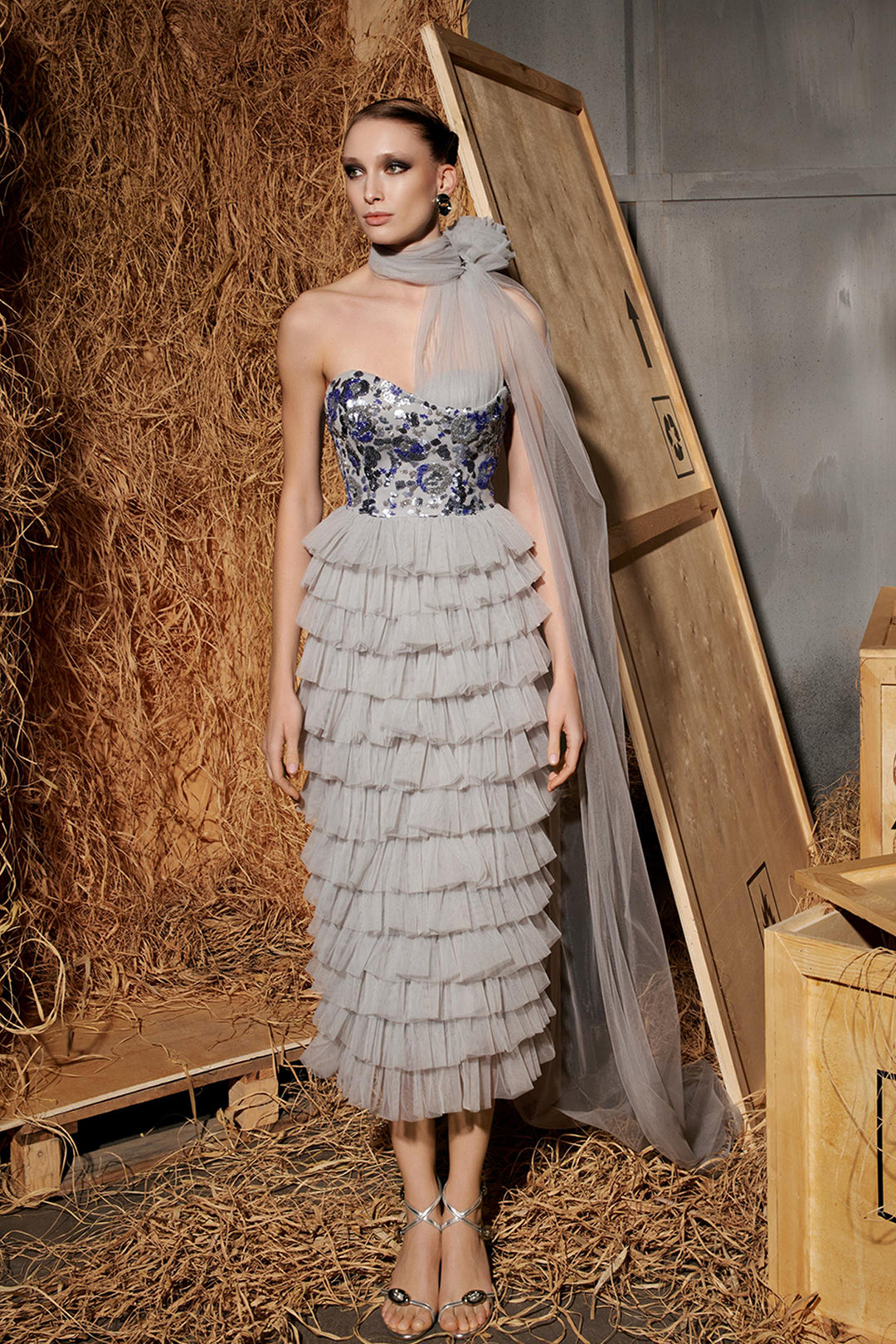 Sequin Bodice Midi Dress with Ruffle Skirt