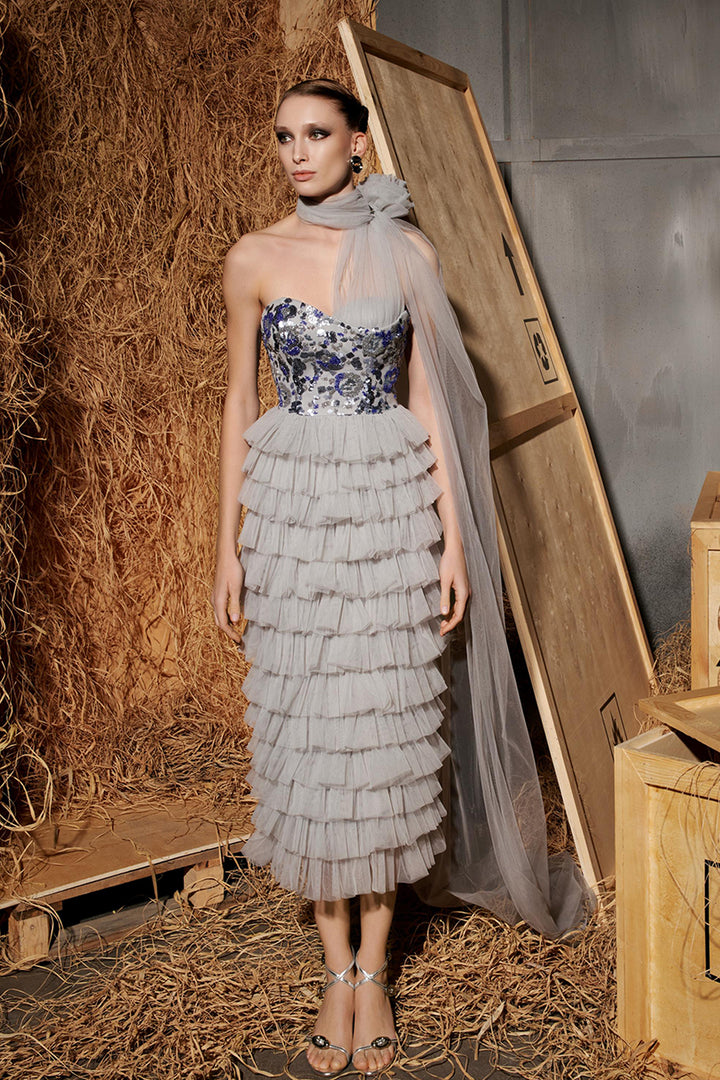 Sequin Bodice Midi Dress with Ruffle Skirt