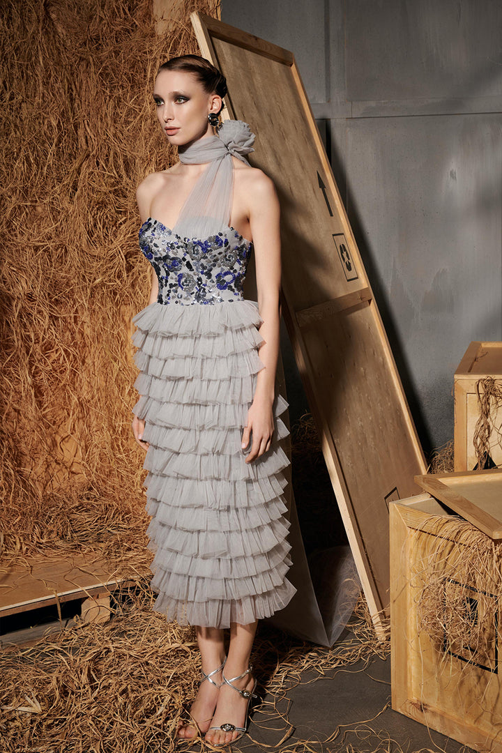 Sequin Bodice Midi Dress with Ruffle Skirt