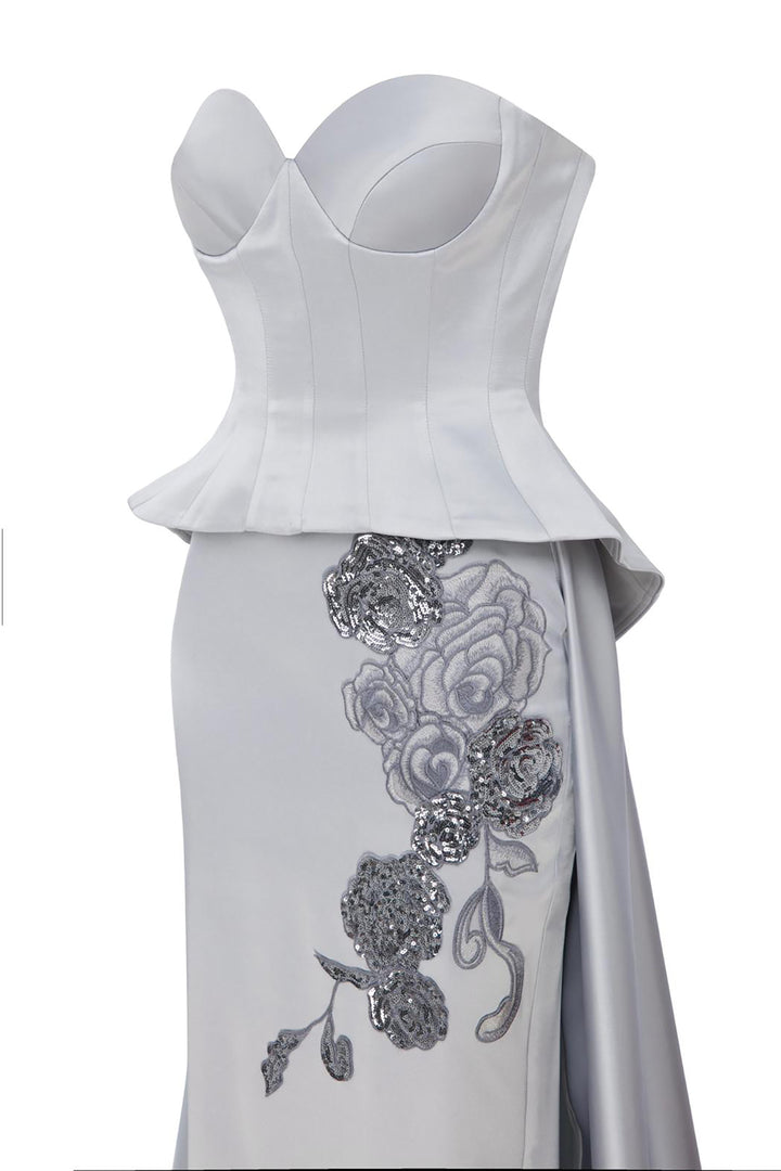 Satin Strapless with Embroidery Dress