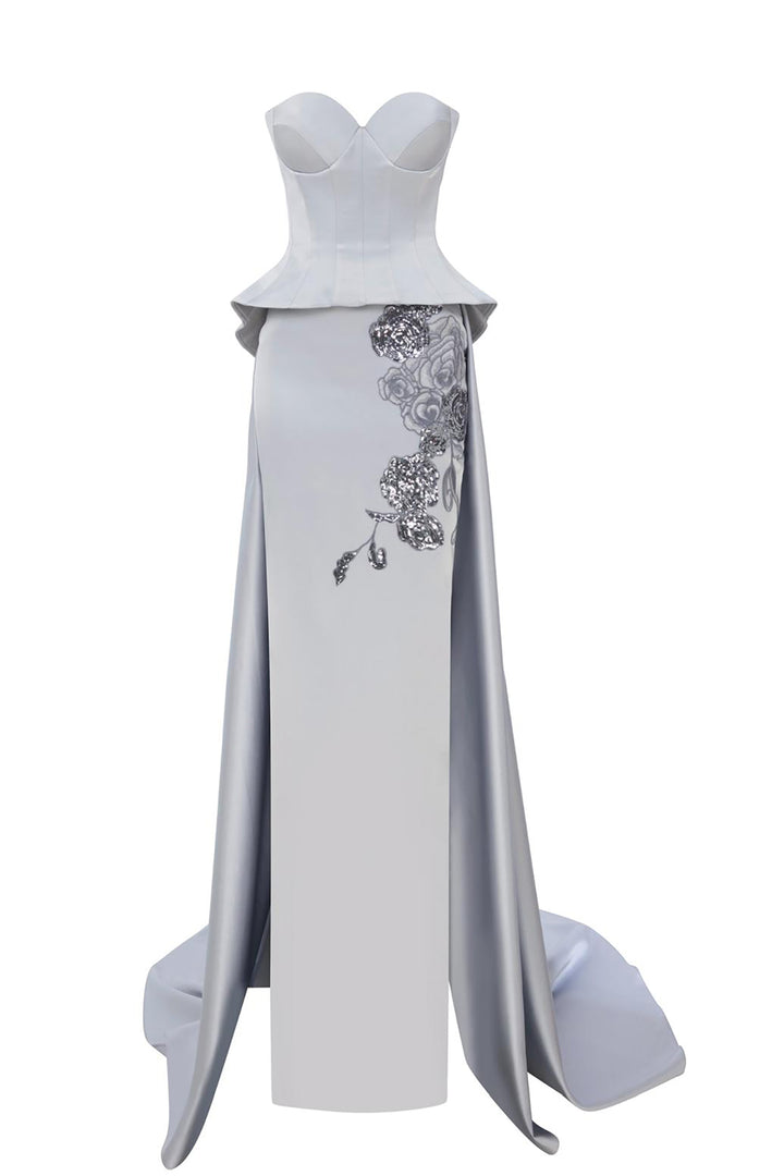 Satin Strapless with Embroidery Dress