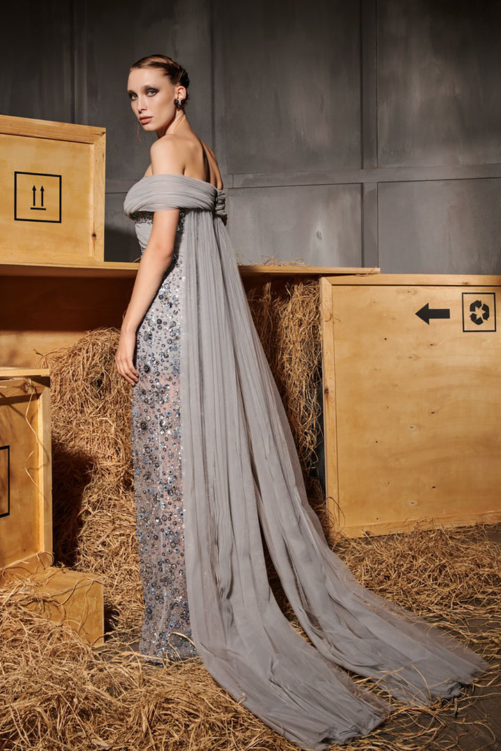 Off-The-Shoulder Cape-Overlay Column Dress