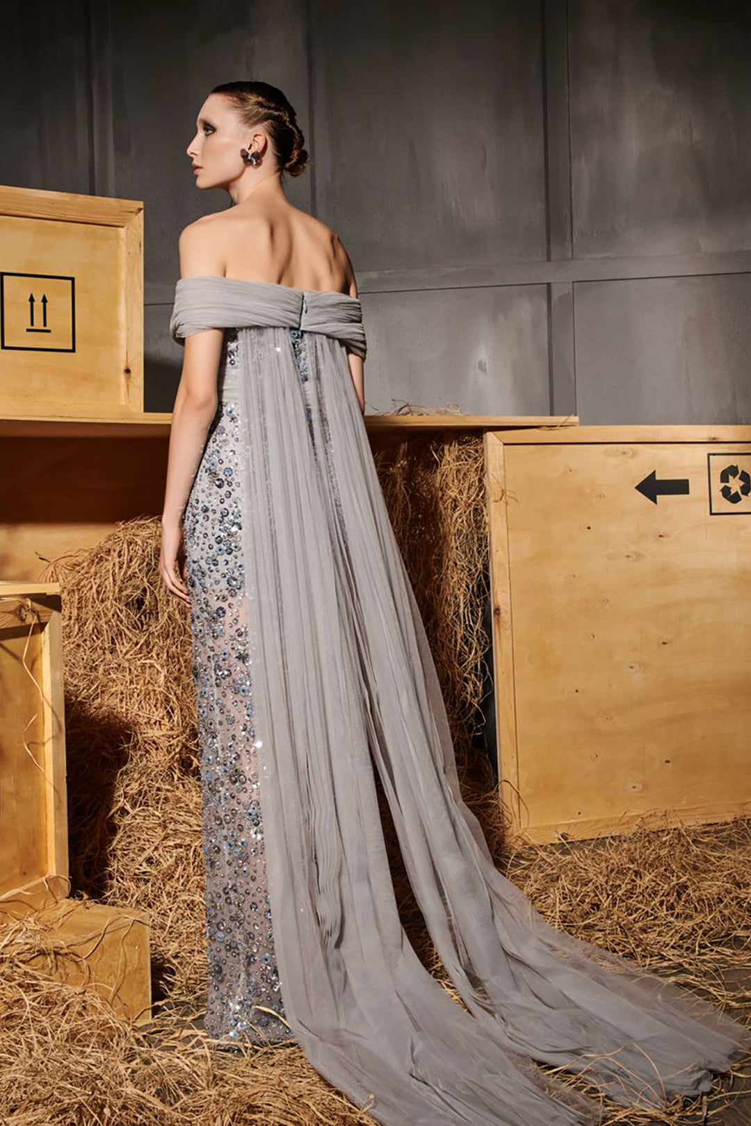 Off-The-Shoulder Cape-Overlay Column Dress