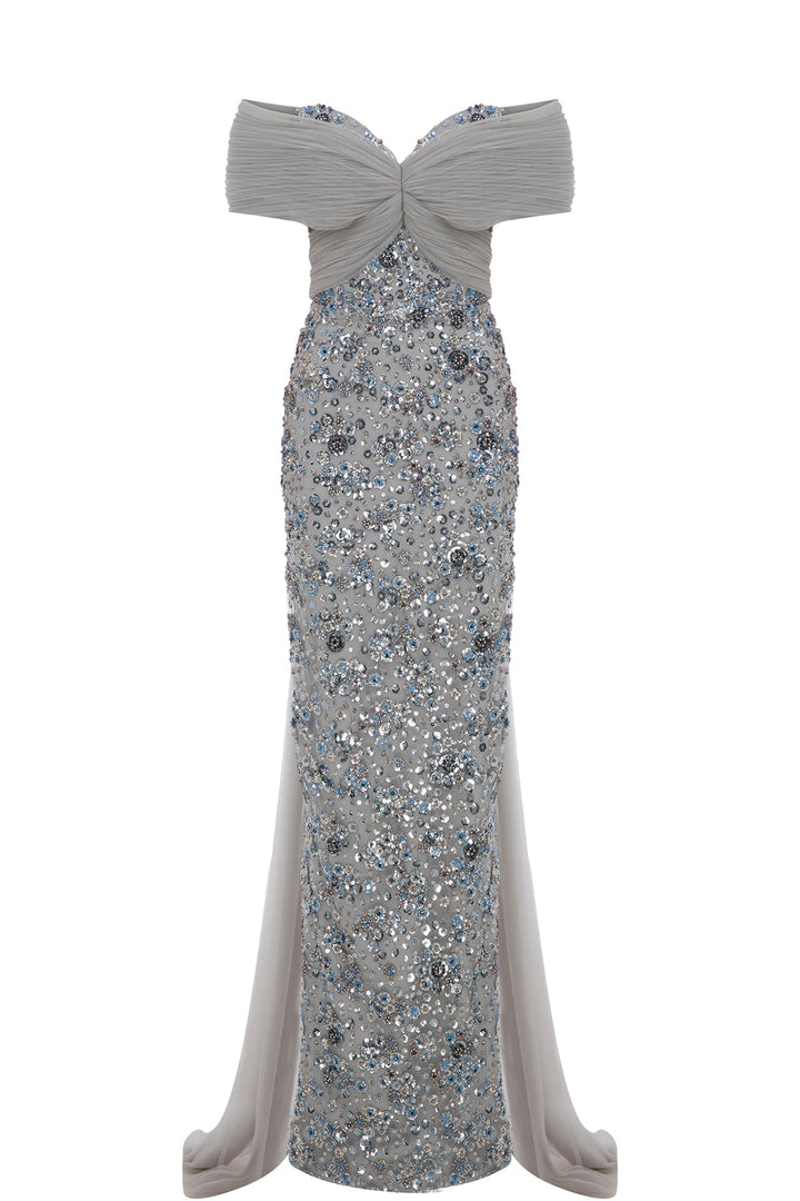 Off-The-Shoulder Cape-Overlay Column Dress