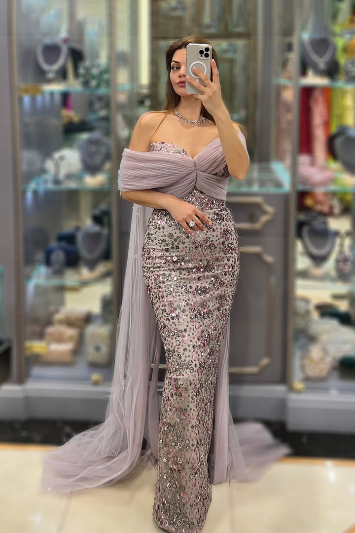 Off-The-Shoulder Cape-Overlay Column Dress