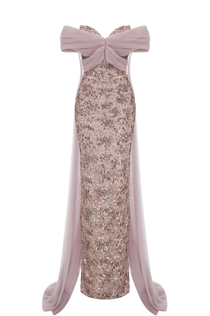 Off-The-Shoulder Cape-Overlay Column Dress