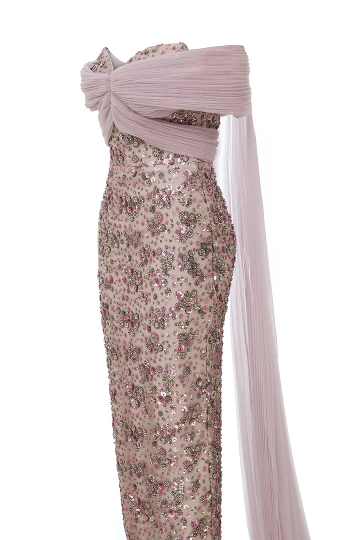 Off-The-Shoulder Cape-Overlay Column Dress