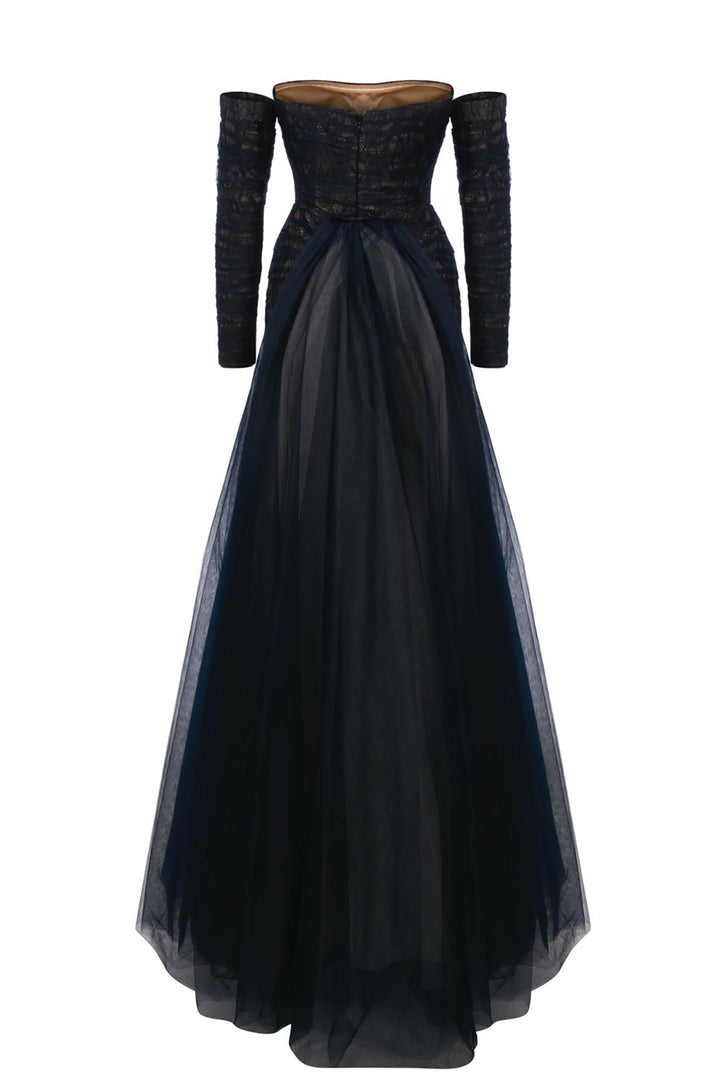 Column Dress with Sheer Tulle Overskirt