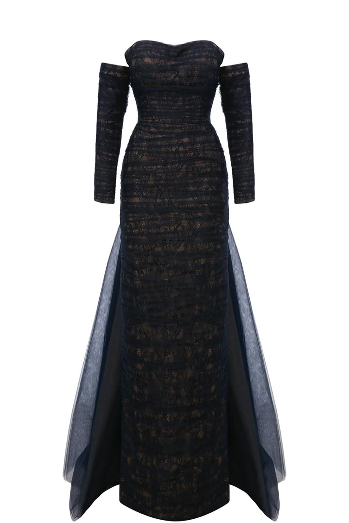 Column Dress with Sheer Tulle Overskirt