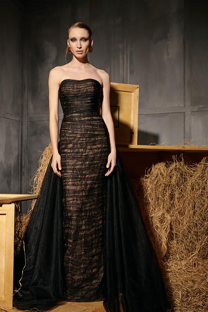 Column Dress with Sheer Tulle Overskirt