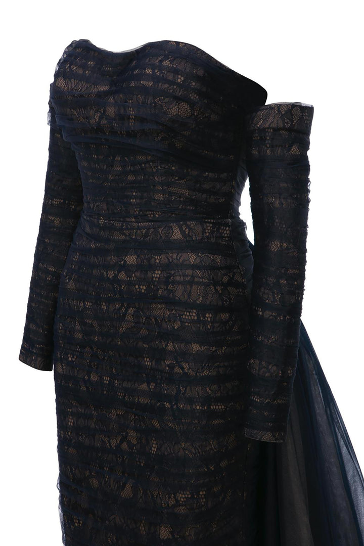 Column Dress with Sheer Tulle Overskirt