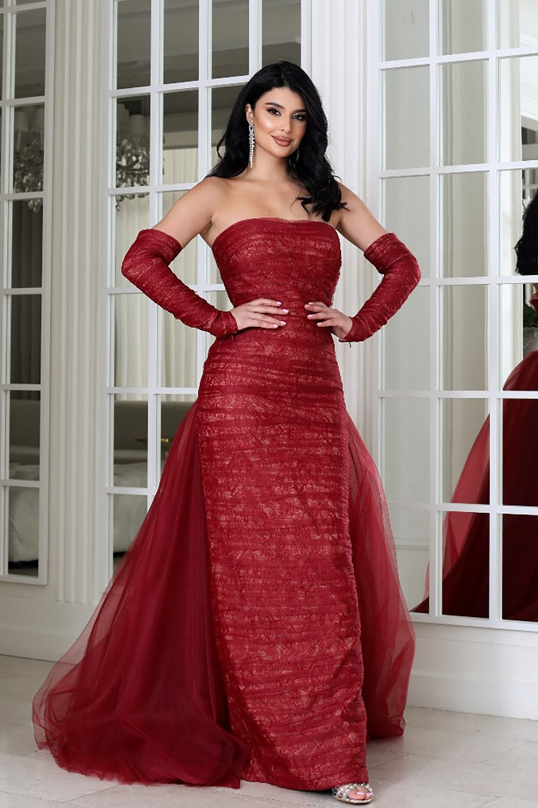 Column Dress with Sheer Tulle Overskirt