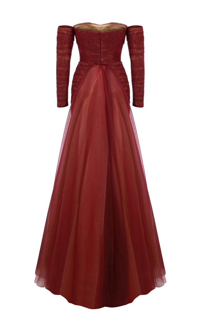 Column Dress with Sheer Tulle Overskirt