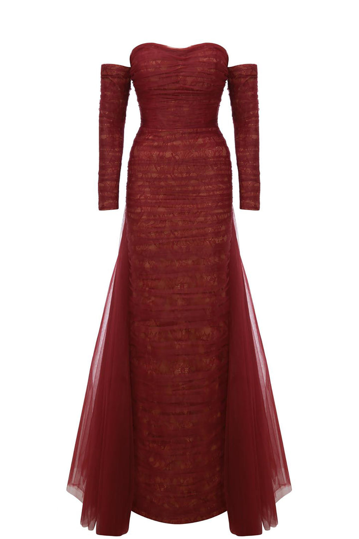 Column Dress with Sheer Tulle Overskirt