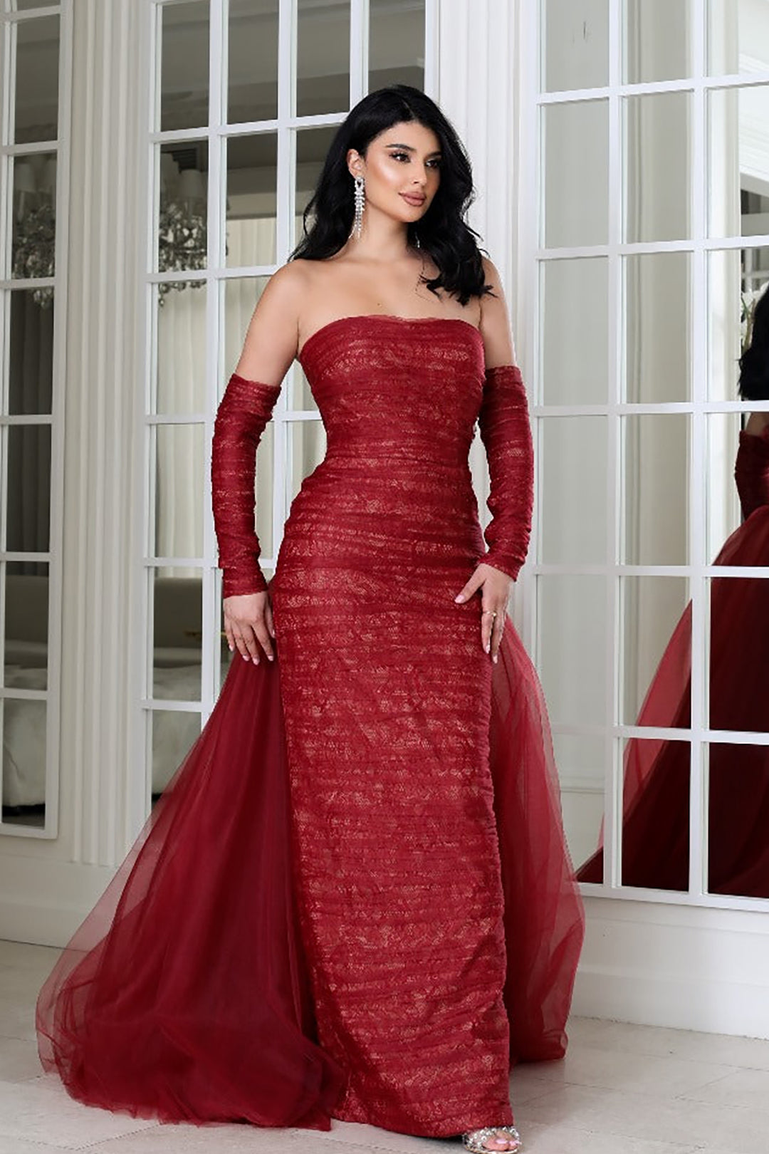 Column Dress with Sheer Tulle Overskirt