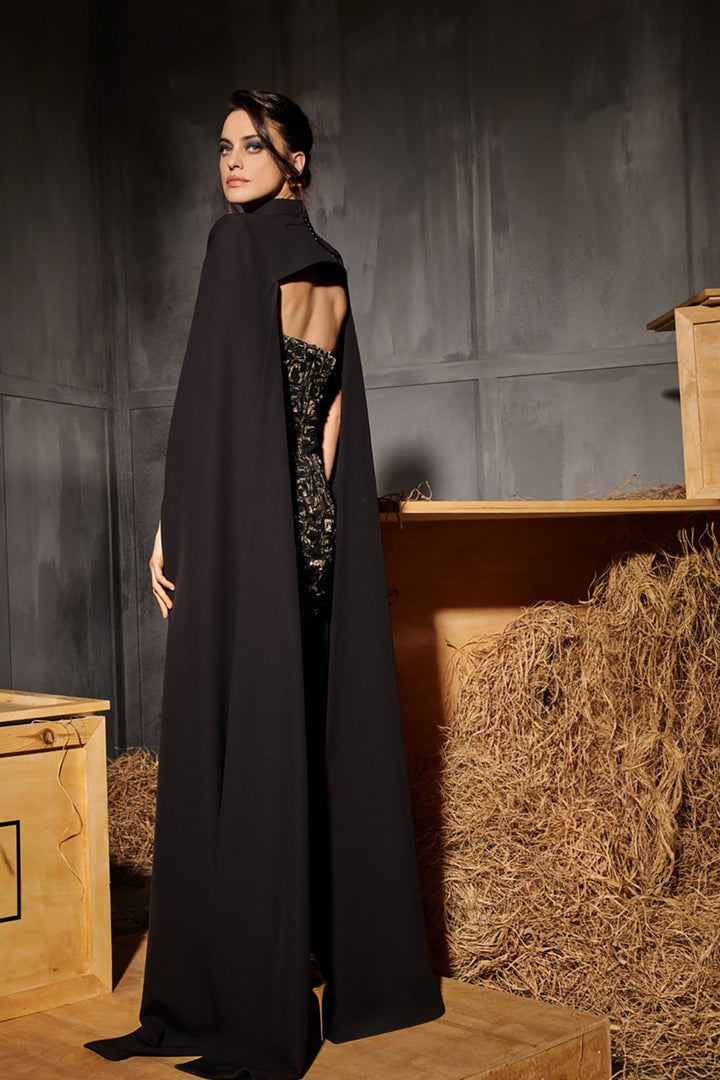 Cape-Accent Strapless Column Dress