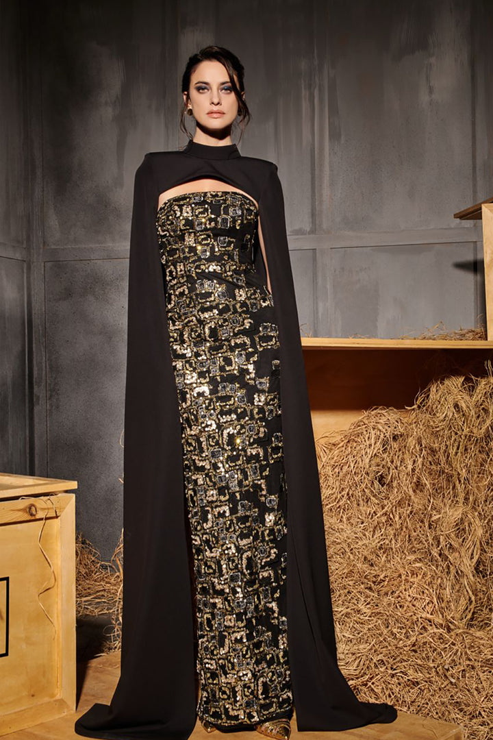 Cape-Accent Strapless Column Dress