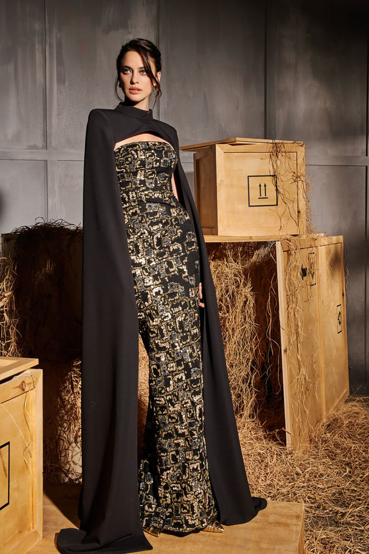 Cape-Accent Strapless Column Dress