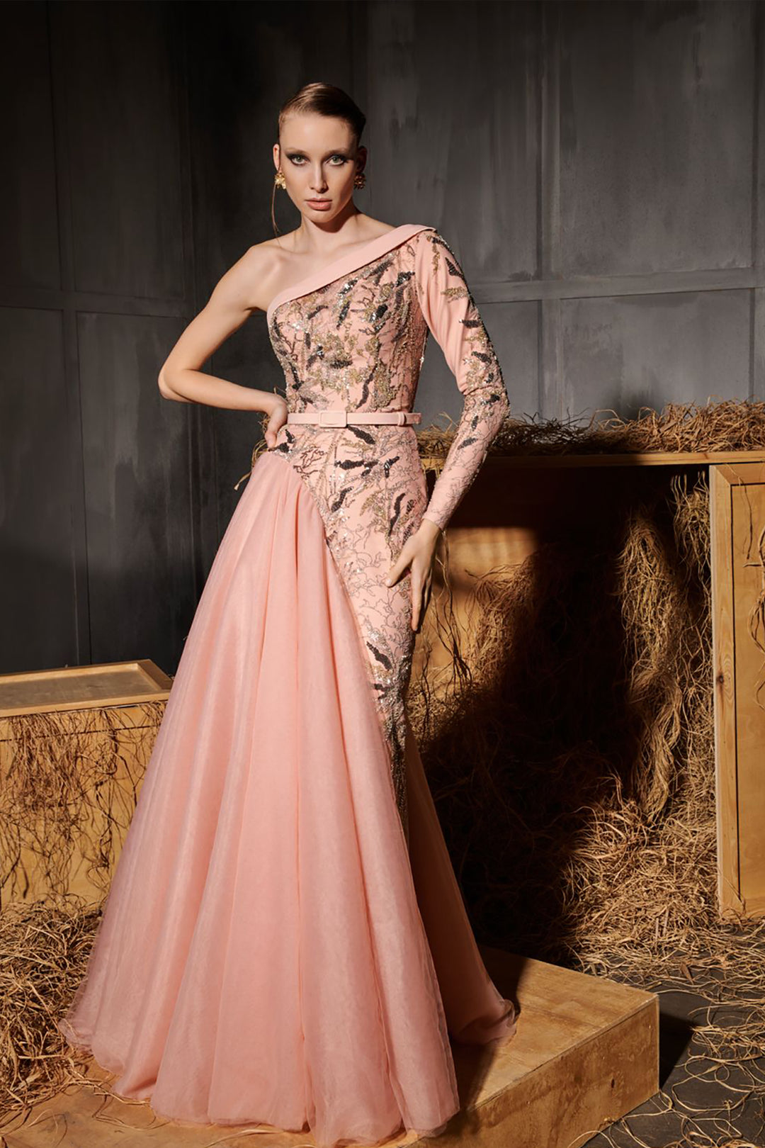 One-Shoulder Cape Overlay A-Line Dress Light Pink / US 20 One-Shoulder Cape Overlay A-Line Dress Light Pink / US 20