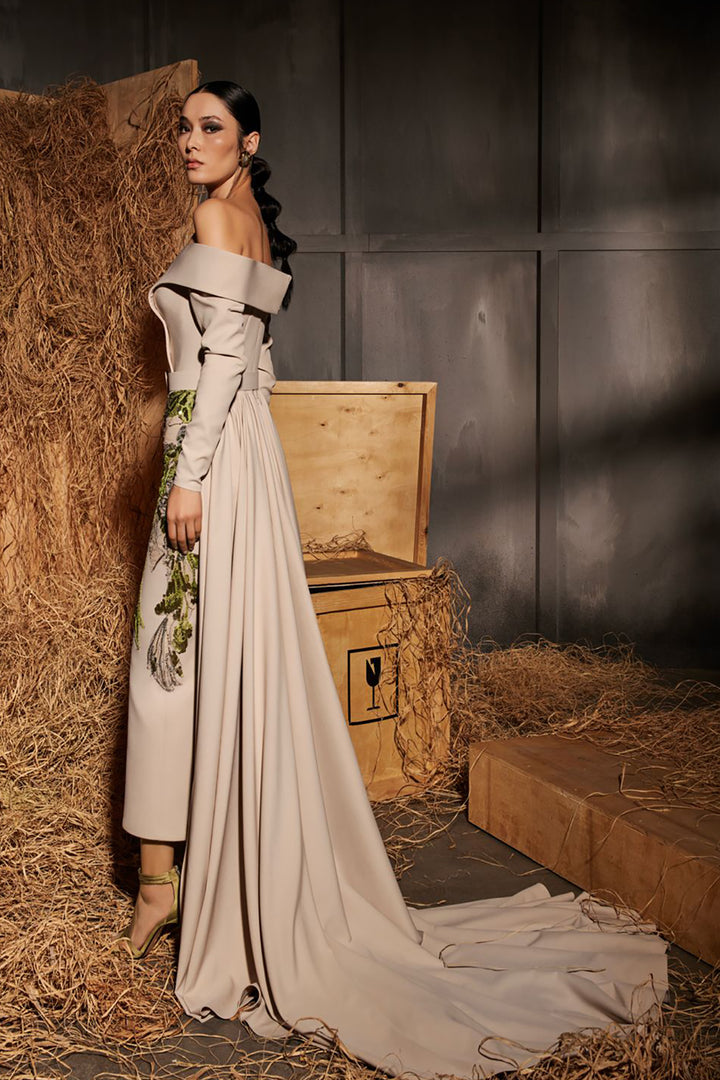 Off-The-Shoulder Midi with Vine Embroidery