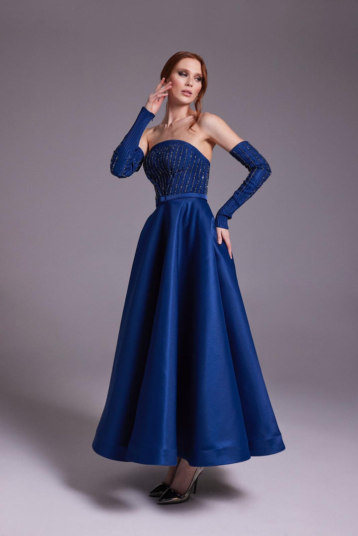 Beaded Pleated Dress with Embellished Bust