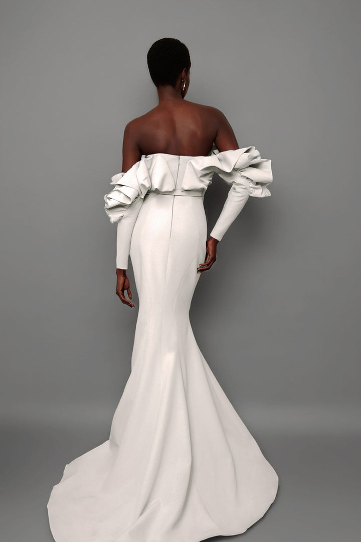 Crepe Sleeved Off-The-Shoulder Dress