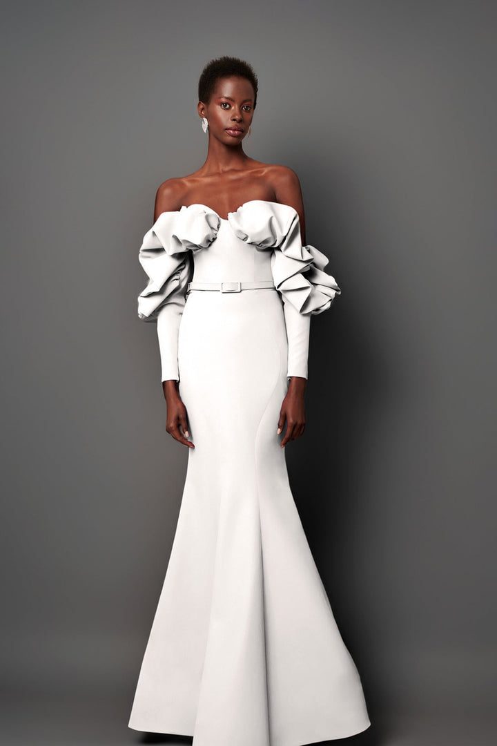 Crepe Sleeved Off-The-Shoulder Dress