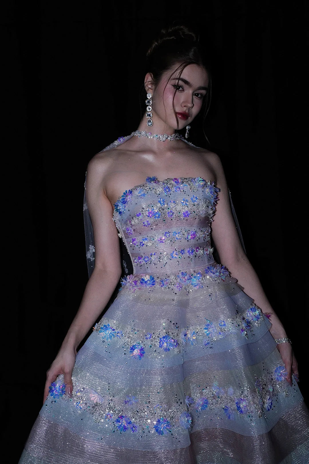 A-Line Strapless Silhouette with Layered Sequin Skirt