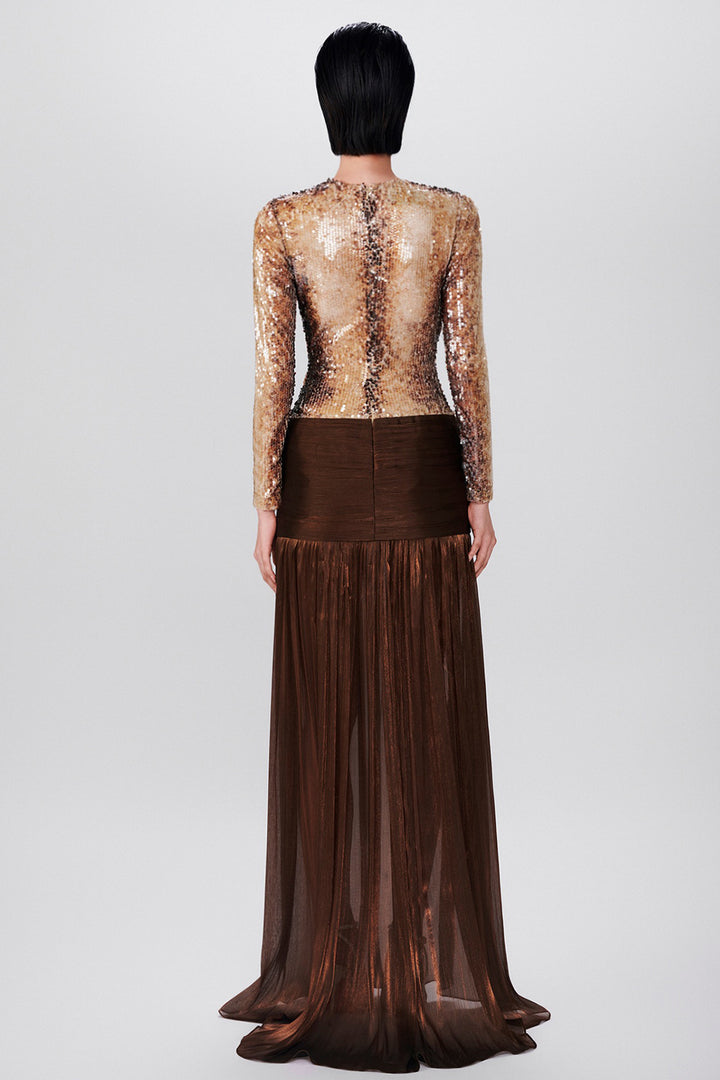 Sequin-Embellished with Hip-Gathered Chiffon Dress