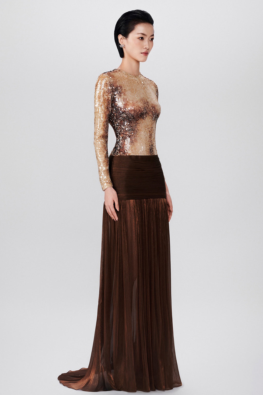 Sequin-Embellished with Hip-Gathered Chiffon Dress