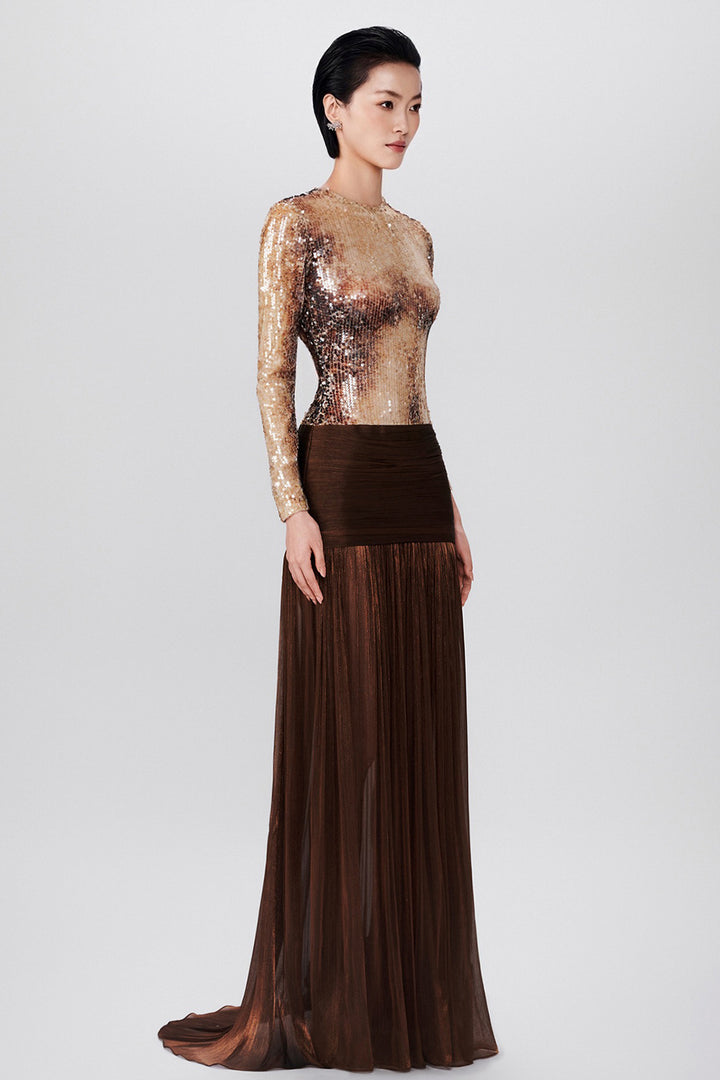 Sequin-Embellished with Hip-Gathered Chiffon Dress