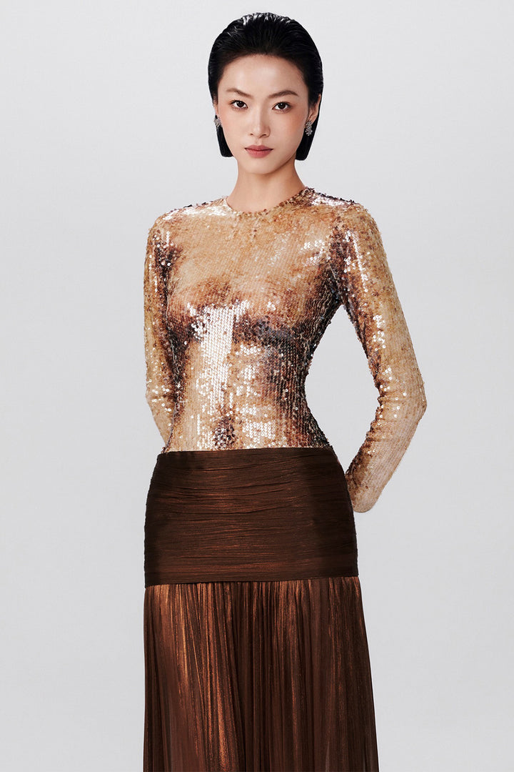 Sequin-Embellished with Hip-Gathered Chiffon Dress