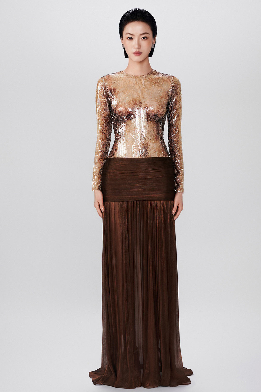 Sequin-Embellished with Hip-Gathered Chiffon Dress