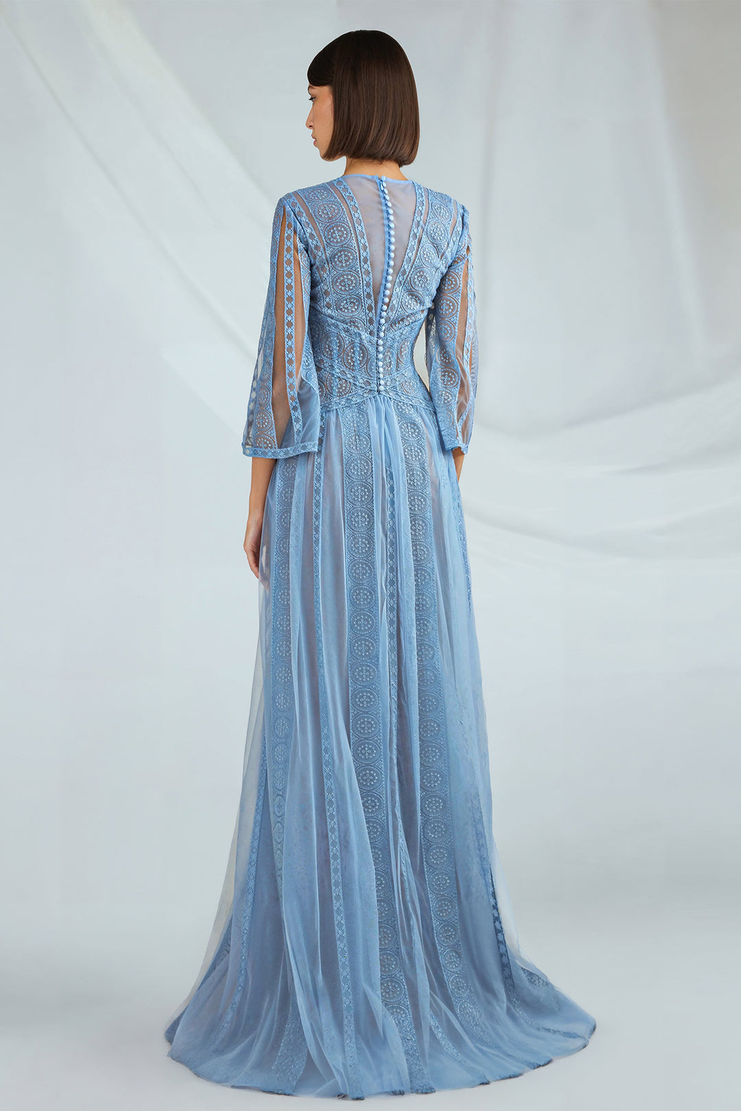 Embroidered Tulle Dress with V-Neck