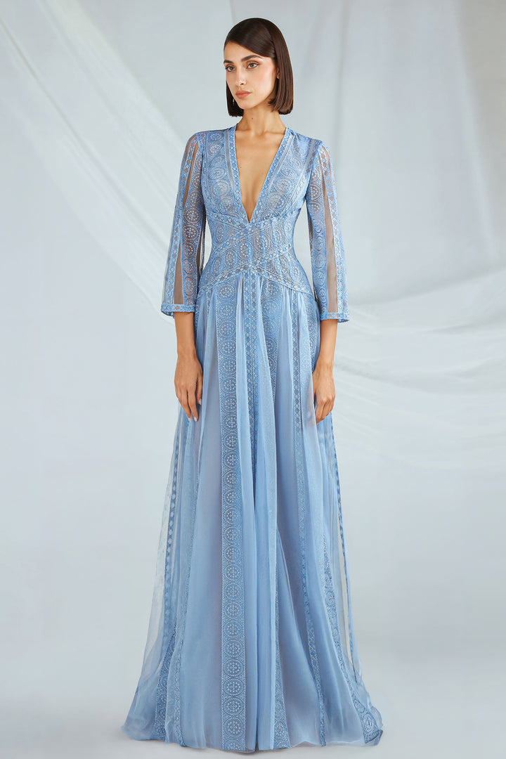 Embroidered Tulle Dress with V-Neck